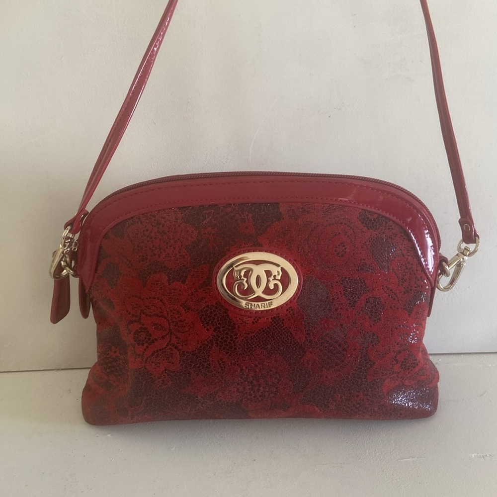 Sharif leather red crossbody bag zipper close gold tone accents